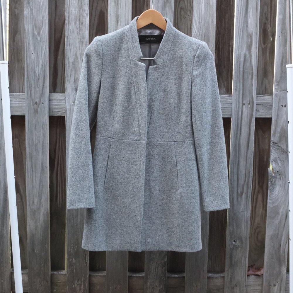 Zara 100% Wool Grey Longline Blazer Coat XS Tailored Minimalist Work Jacket